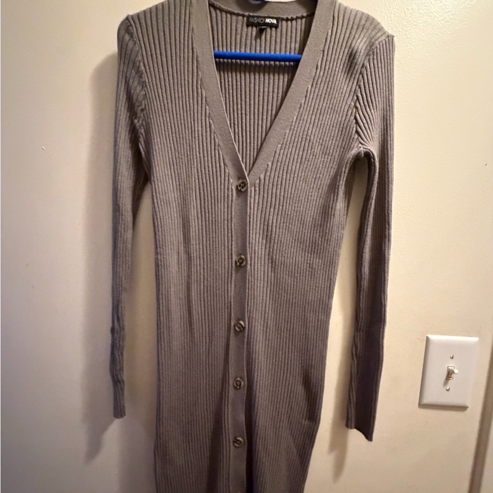 Gray Ribbed Button-Up Cardigan Dress